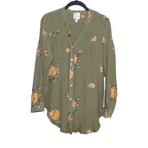 Fig and Flower Boho Embroidered Too Dark Green Button Up Blouse Small